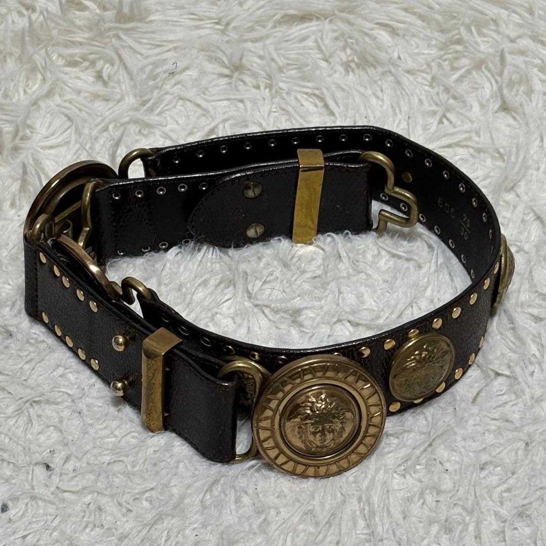 超希少✨ヴェルサーチ　ベルト　メデューサ　ハラコ　スタッズ　ブラウン