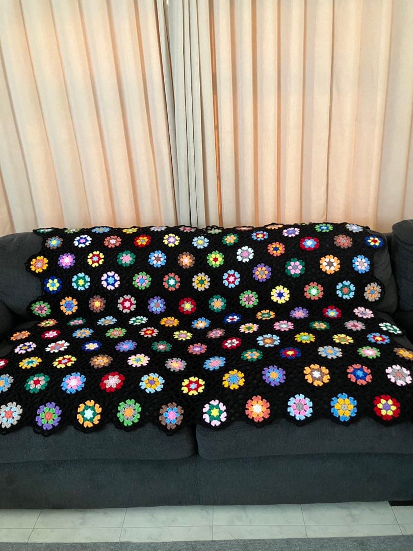 手編み　大判ブランケット　ソファーカバー　ベッドカバー　マルチカバー　ハンドメイ