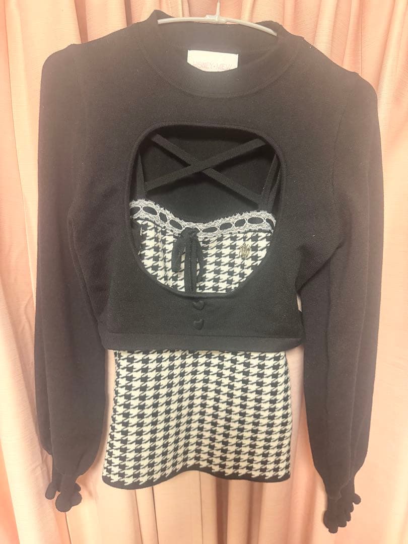 HONEYMEW風 千鳥柄ハイネックアンサンブルトップス ブラック XS