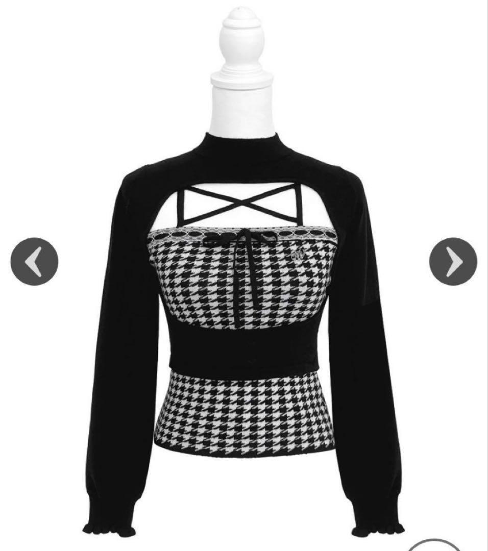 HONEYMEW風 千鳥柄ハイネックアンサンブルトップス ブラック XS