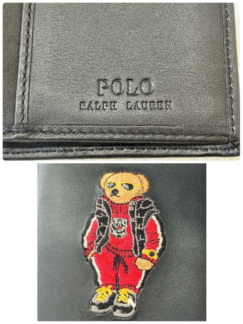 【美品】ポロラルフローレン ポロベア 長財布 オールレザー フラップ 薄型 黒