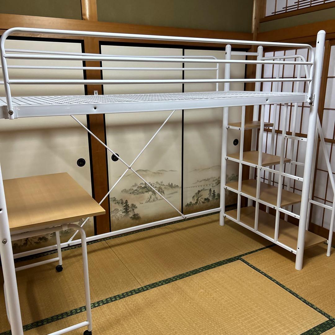 ロフトベッド 階段付き パイプベッド シングル テーブル　コンセント付き