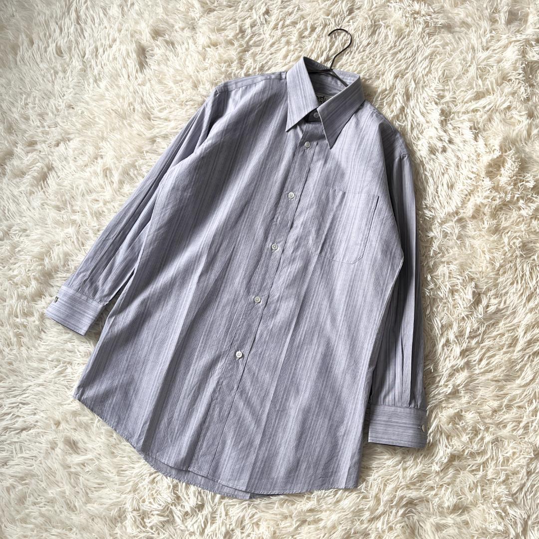 M★HERMES ストライプ 長袖Yシャツ ラウンドヘム仕様 メンズ コットン