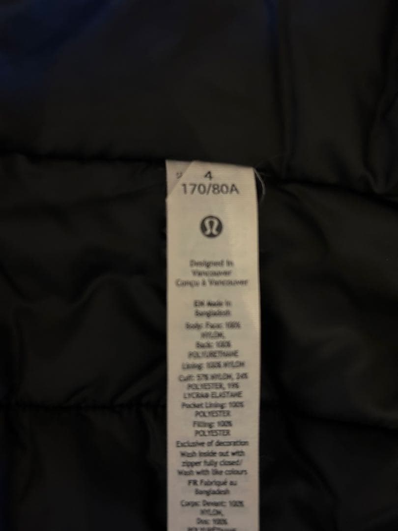 lululemon ルルレモン　防風・撥水中綿ロングコート・ブラック