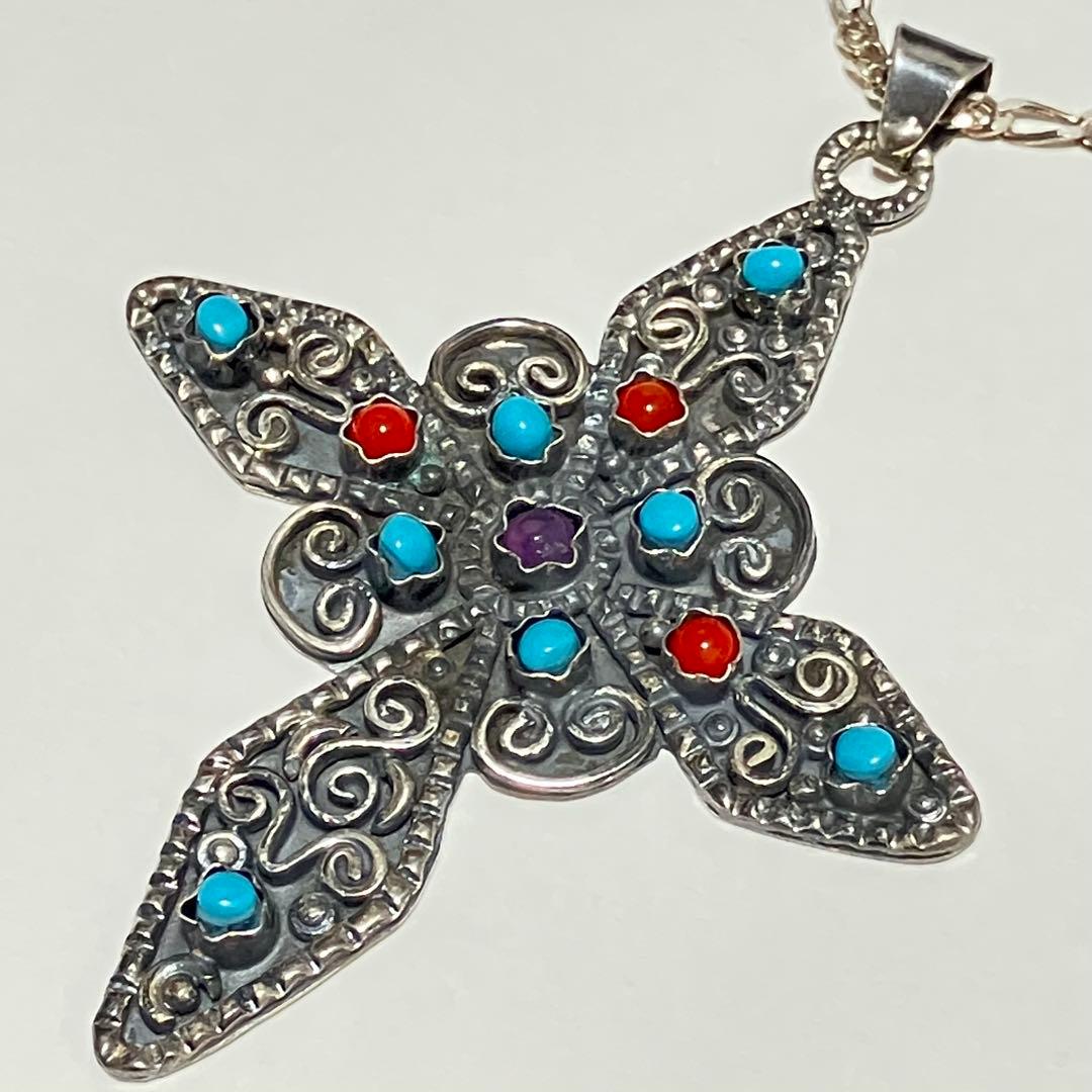 SILVER 925 MEXICO クロス　ネックレス　ターコイズ　チェーン付き