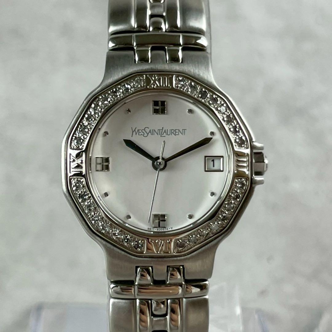 【稼働/極美品】 イヴサンローラン クォーツ腕時計 デイト ダイヤ シルバー