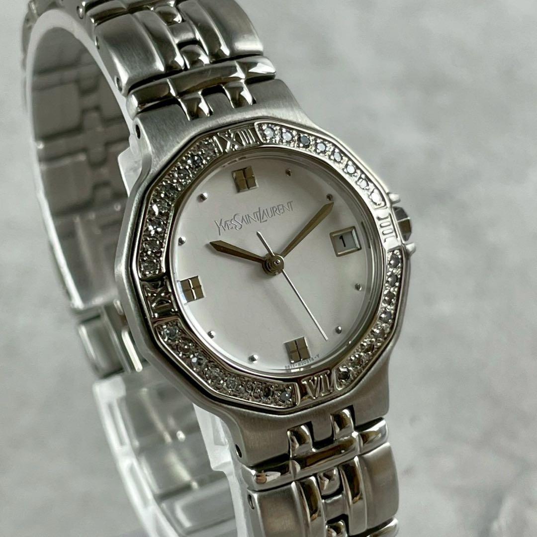 【稼働/極美品】 イヴサンローラン クォーツ腕時計 デイト ダイヤ シルバー