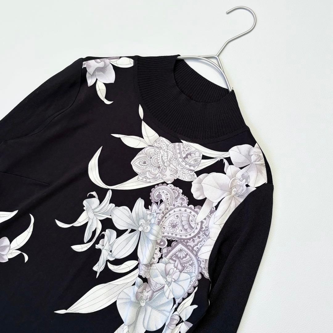 美品✨レオナール カンカン素材 花柄 薄手ニット切替トップス 黒 38
