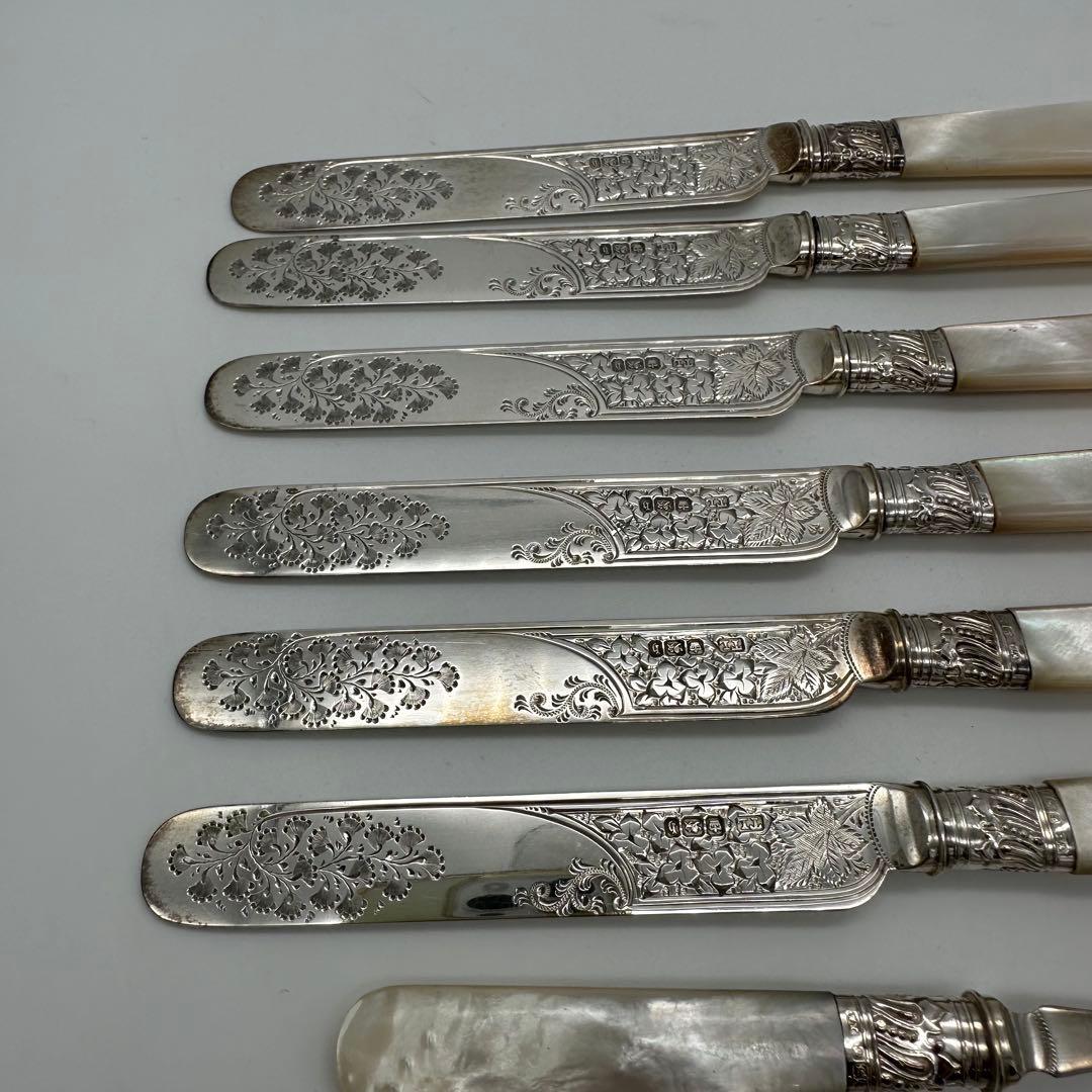 ⭐︎純銀継手 英国製 白蝶貝 マザーオブパールデザートナイフ&フォーク12本 木箱