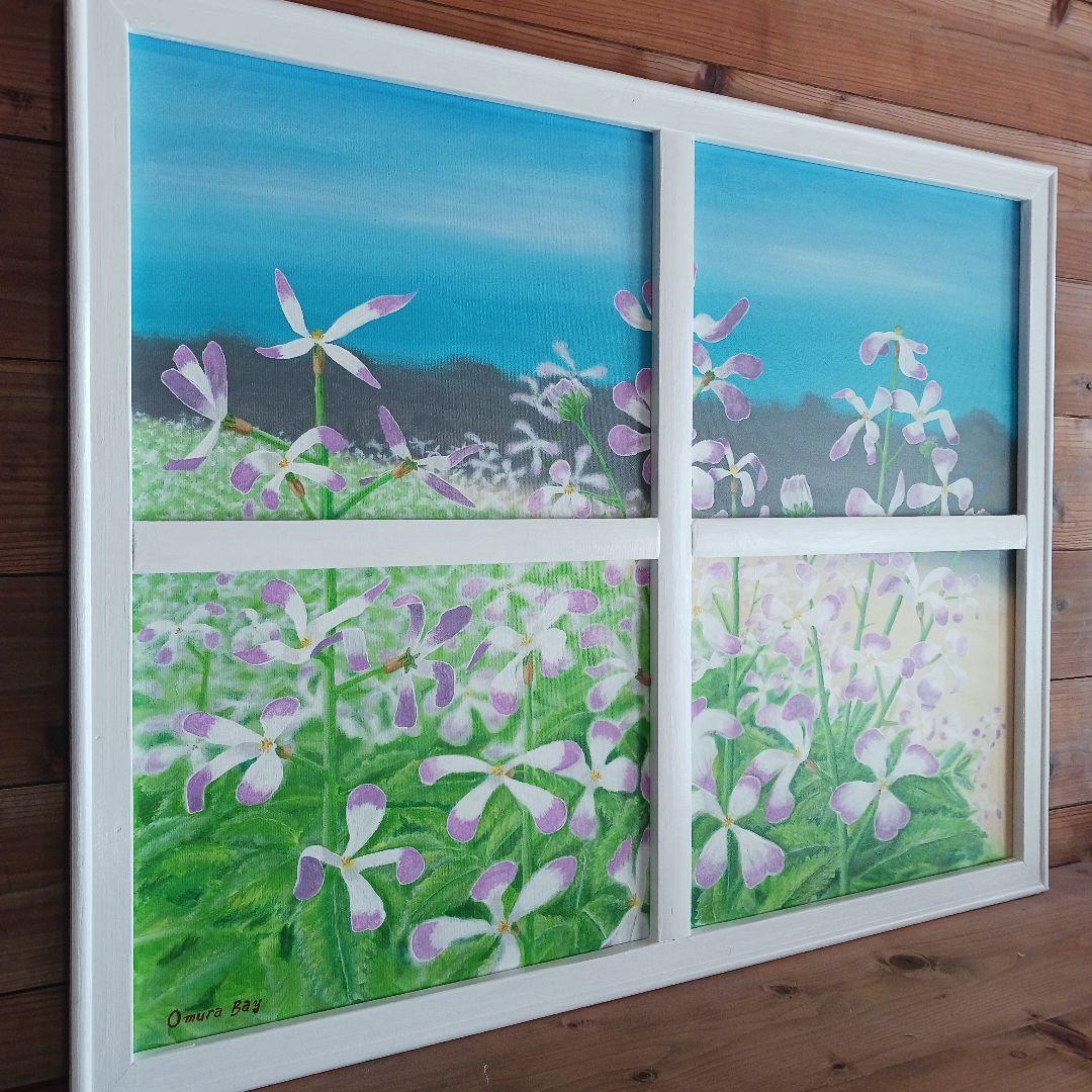 アクリル画　海と花が見える窓　　　浜ダイコンの花が咲く浜辺