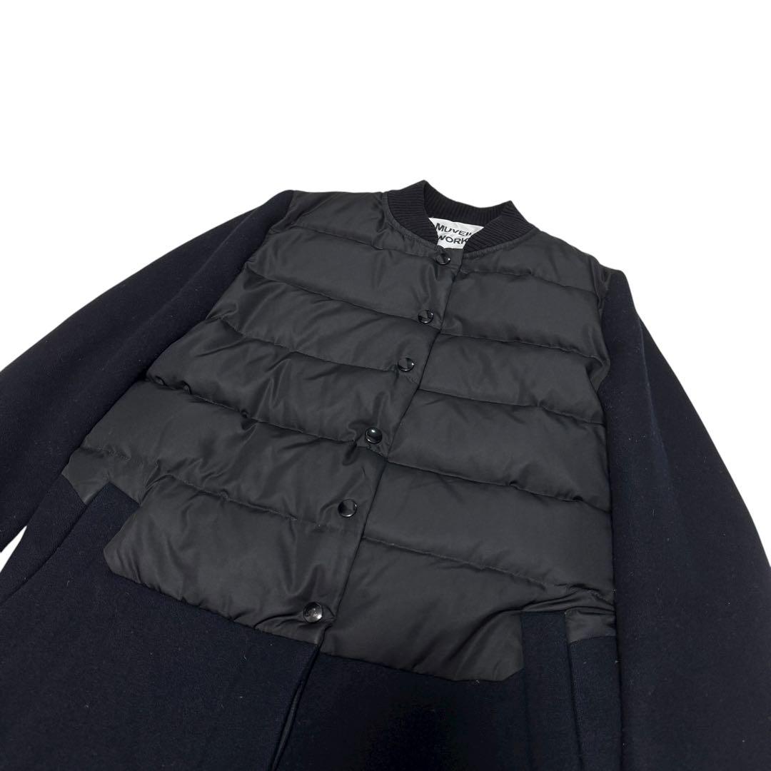 MUVEIL 異素材切替 ダウンコート ノーカラー ブラック ウールコート　36