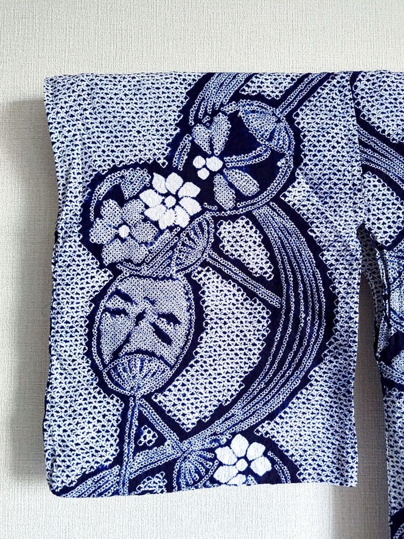 有松絞り浴衣うちわ柄とんぼ柄花柄流水紺色白藍色ゆかた蜻蛉柄総絞りホワイトネイビー