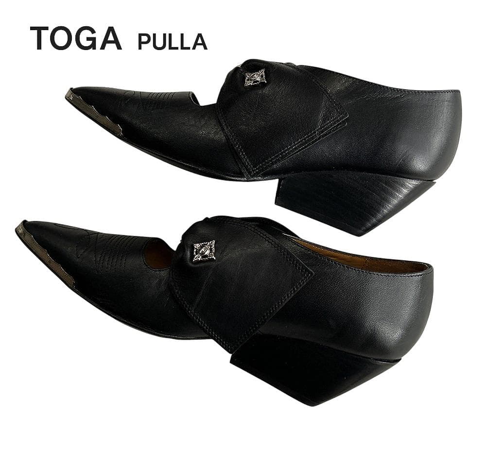 極美品トーガプルラ 本革レザー ポインテッドトゥ ウエッジソールパンプス黒37