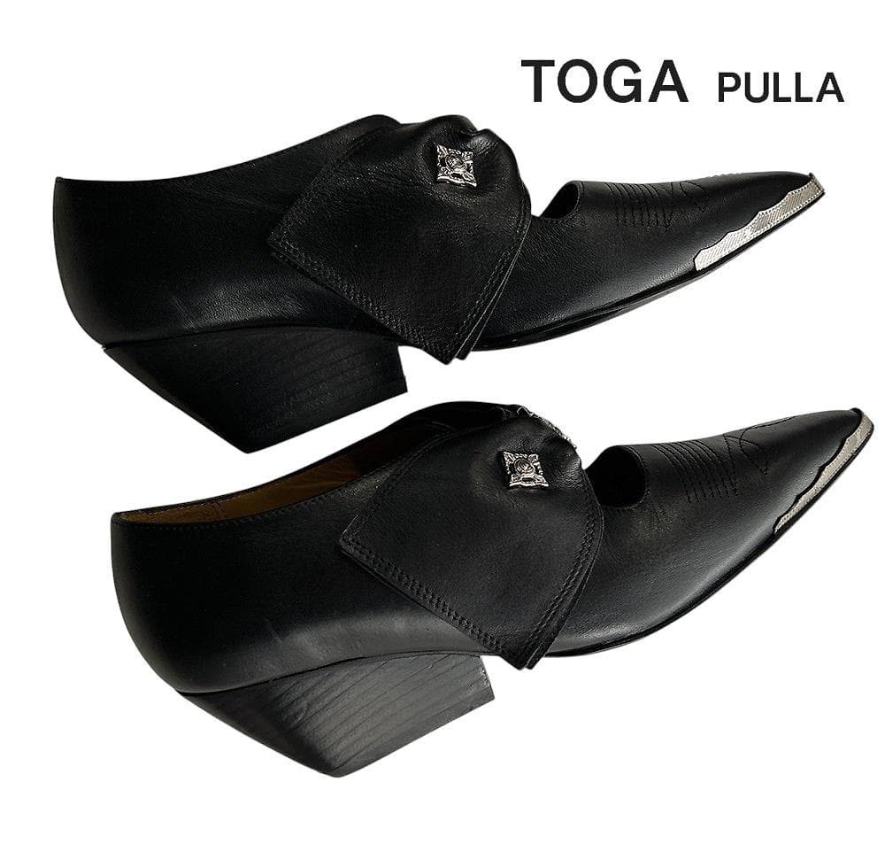 極美品トーガプルラ 本革レザー ポインテッドトゥ ウエッジソールパンプス黒37