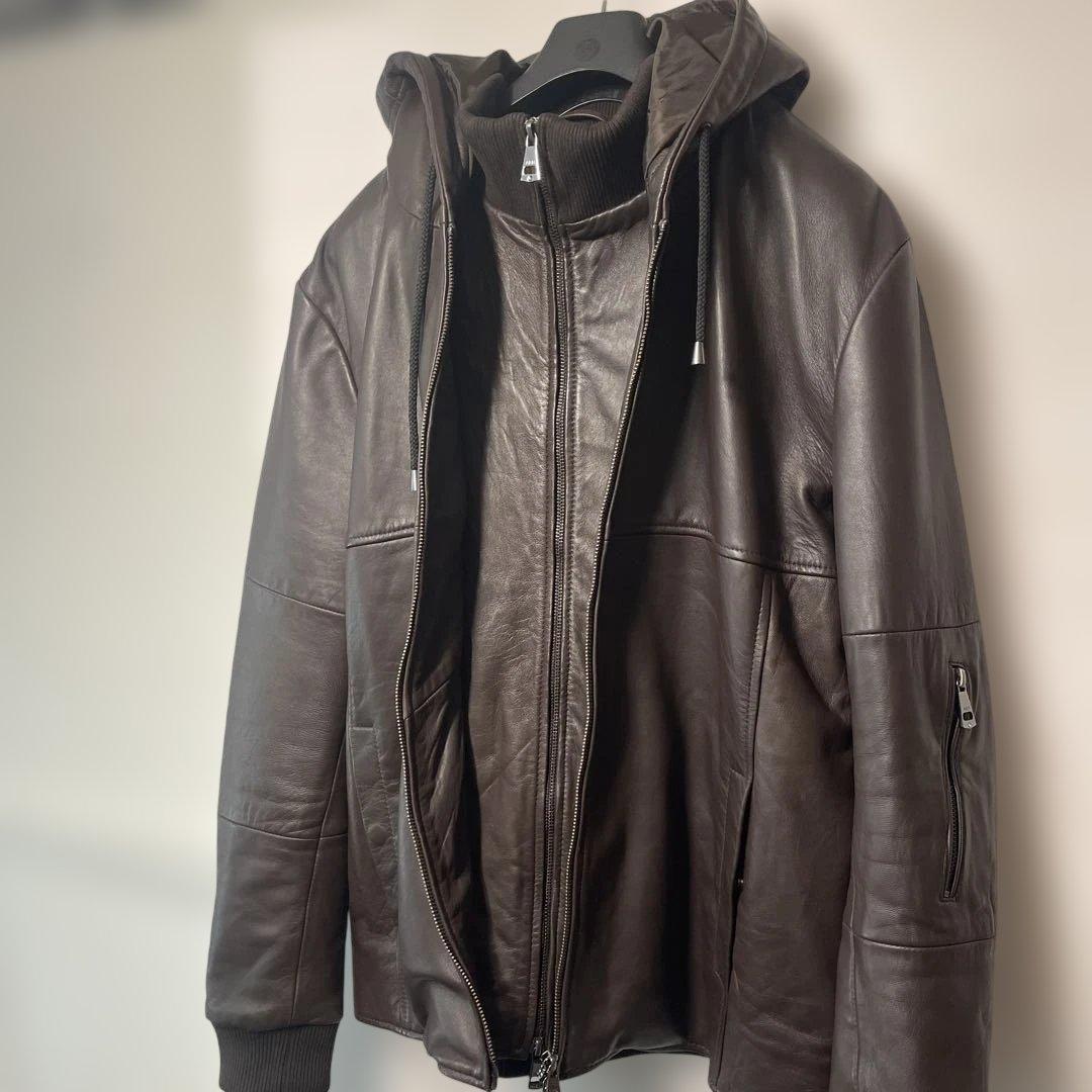 AKMコンテンポラリー レザー パーカー ジャケット ダークブラウン XL
