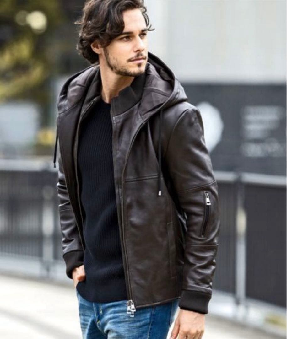 AKMコンテンポラリー レザー パーカー ジャケット ダークブラウン XL