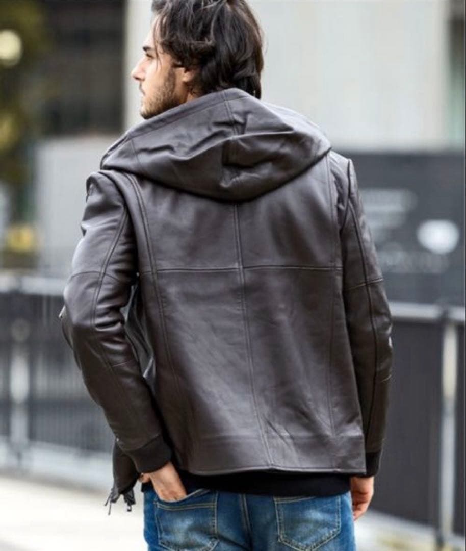 AKMコンテンポラリー レザー パーカー ジャケット ダークブラウン XL