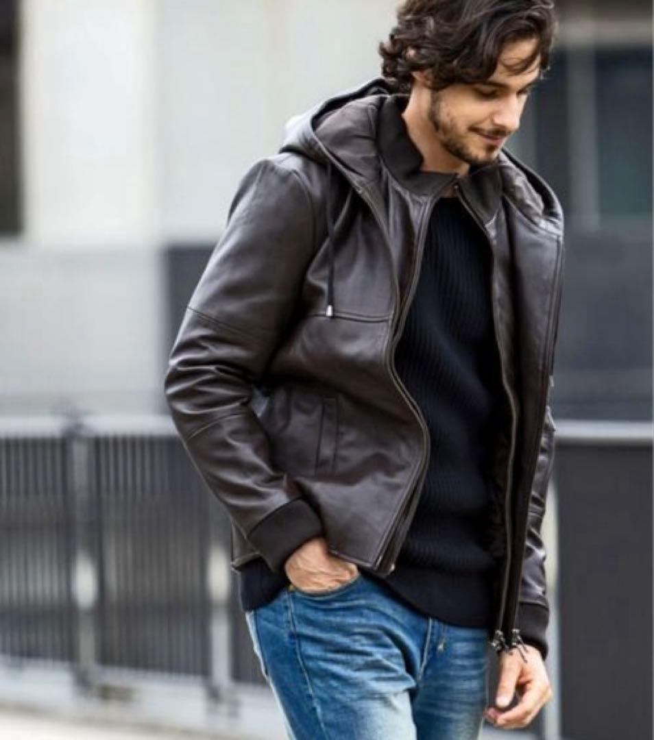 AKMコンテンポラリー レザー パーカー ジャケット ダークブラウン XL