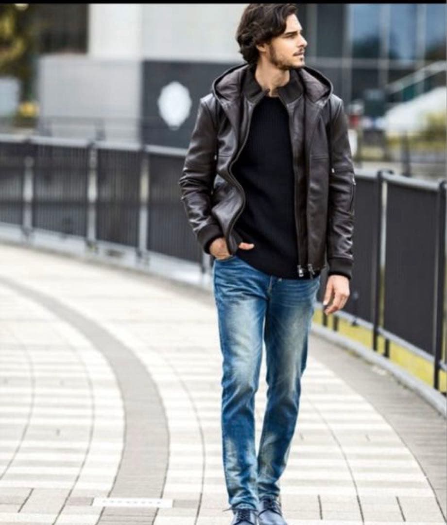 AKMコンテンポラリー レザー パーカー ジャケット ダークブラウン XL