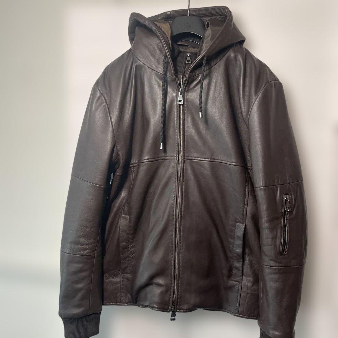 AKMコンテンポラリー レザー パーカー ジャケット ダークブラウン XL