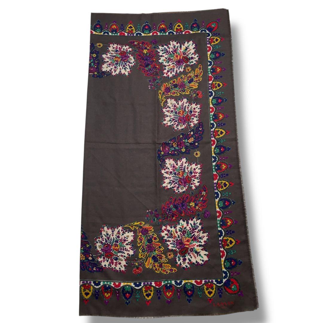 極美品 LANVIN ランバン 大判ストール ウールシルク 花柄 フリンジ付き