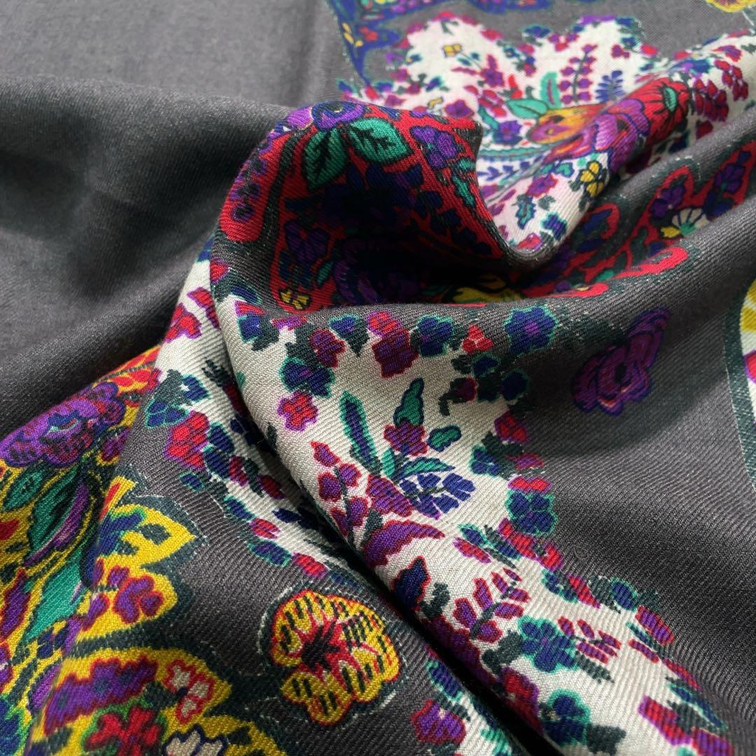 極美品 LANVIN ランバン 大判ストール ウールシルク 花柄 フリンジ付き