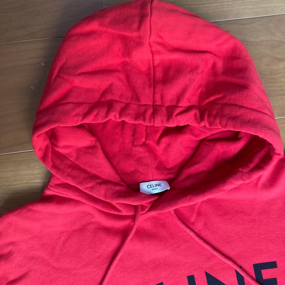 【美品】CELINE 赤　パーカー M フード付　スウェット　ロゴ　正規品