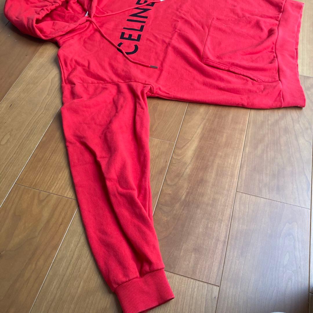【美品】CELINE 赤　パーカー M フード付　スウェット　ロゴ　正規品