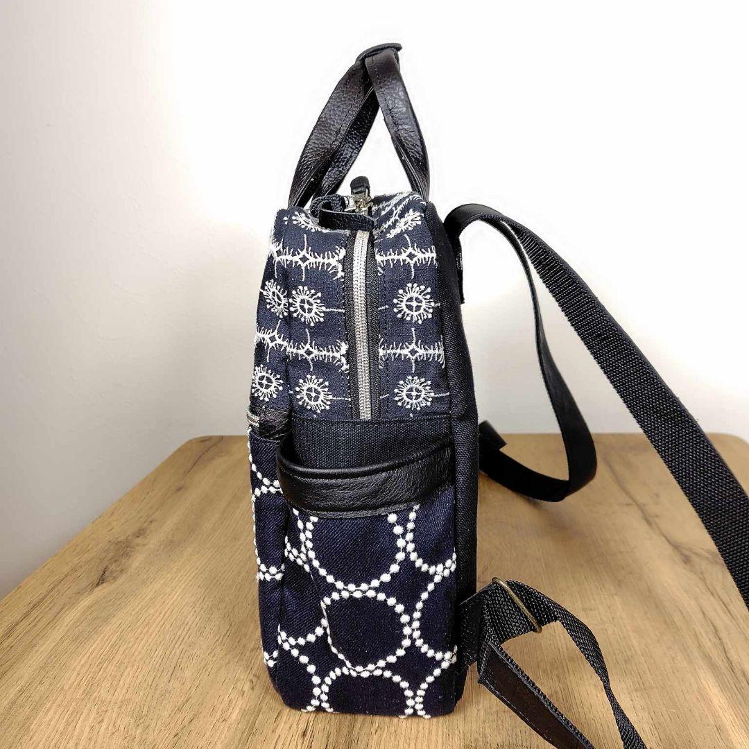 【専用】/タンバリンネイビー×アネモネ/ボストン型トートリュック本革黒