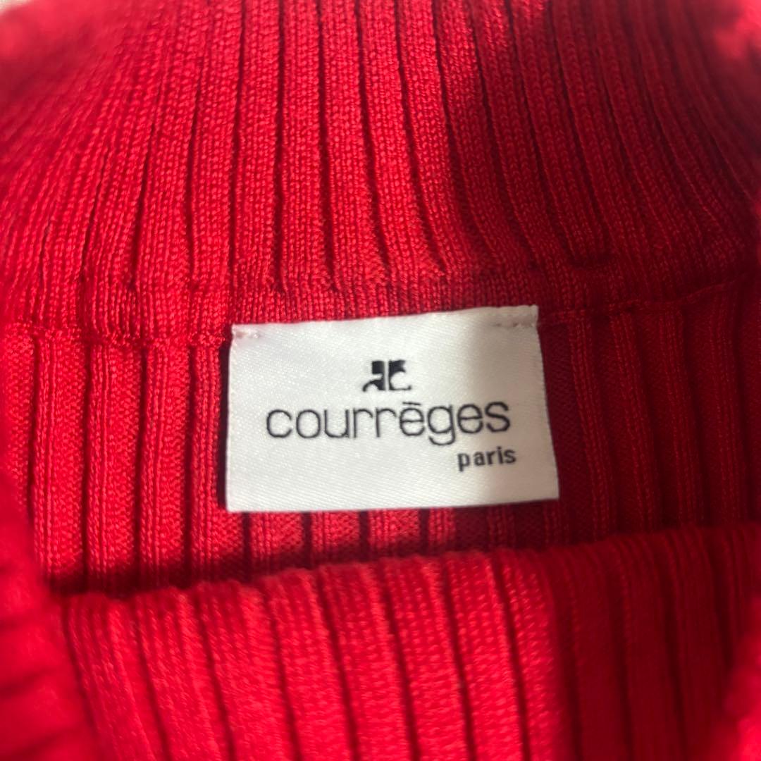 【美品】Courregesクレージュ ロゴ付き半袖リブニット 赤Mブルガリア製