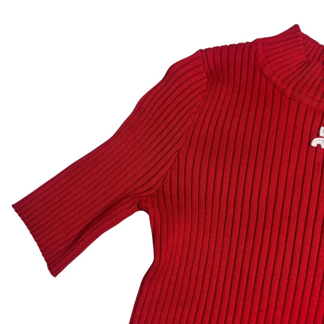 【美品】Courregesクレージュ ロゴ付き半袖リブニット 赤Mブルガリア製