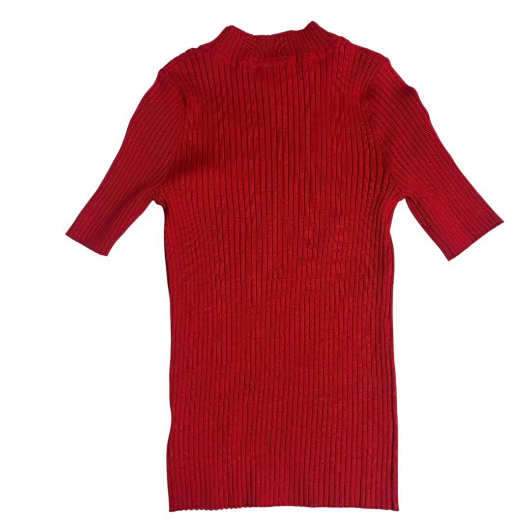 【美品】Courregesクレージュ ロゴ付き半袖リブニット 赤Mブルガリア製