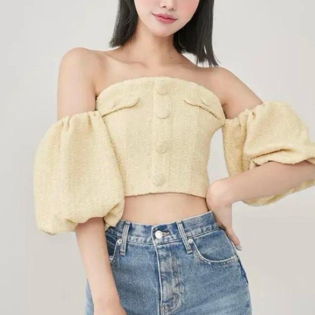 darich ホルターネックオフショルツイードトップス　イエロー