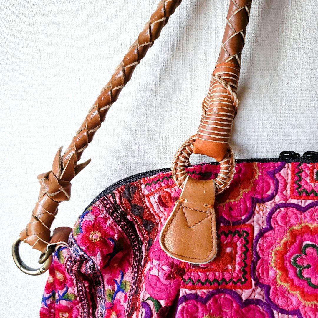 ★ 一点物 未使用 ★ アジア 少数民族 刺繍 古布 ショルダーバッグ ピンク