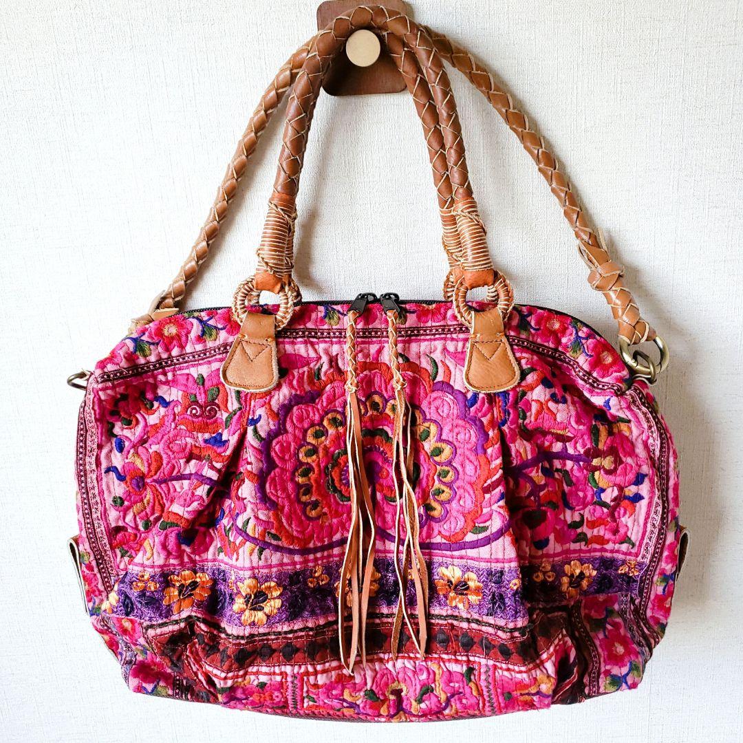 ★ 一点物 未使用 ★ アジア 少数民族 刺繍 古布 ショルダーバッグ ピンク