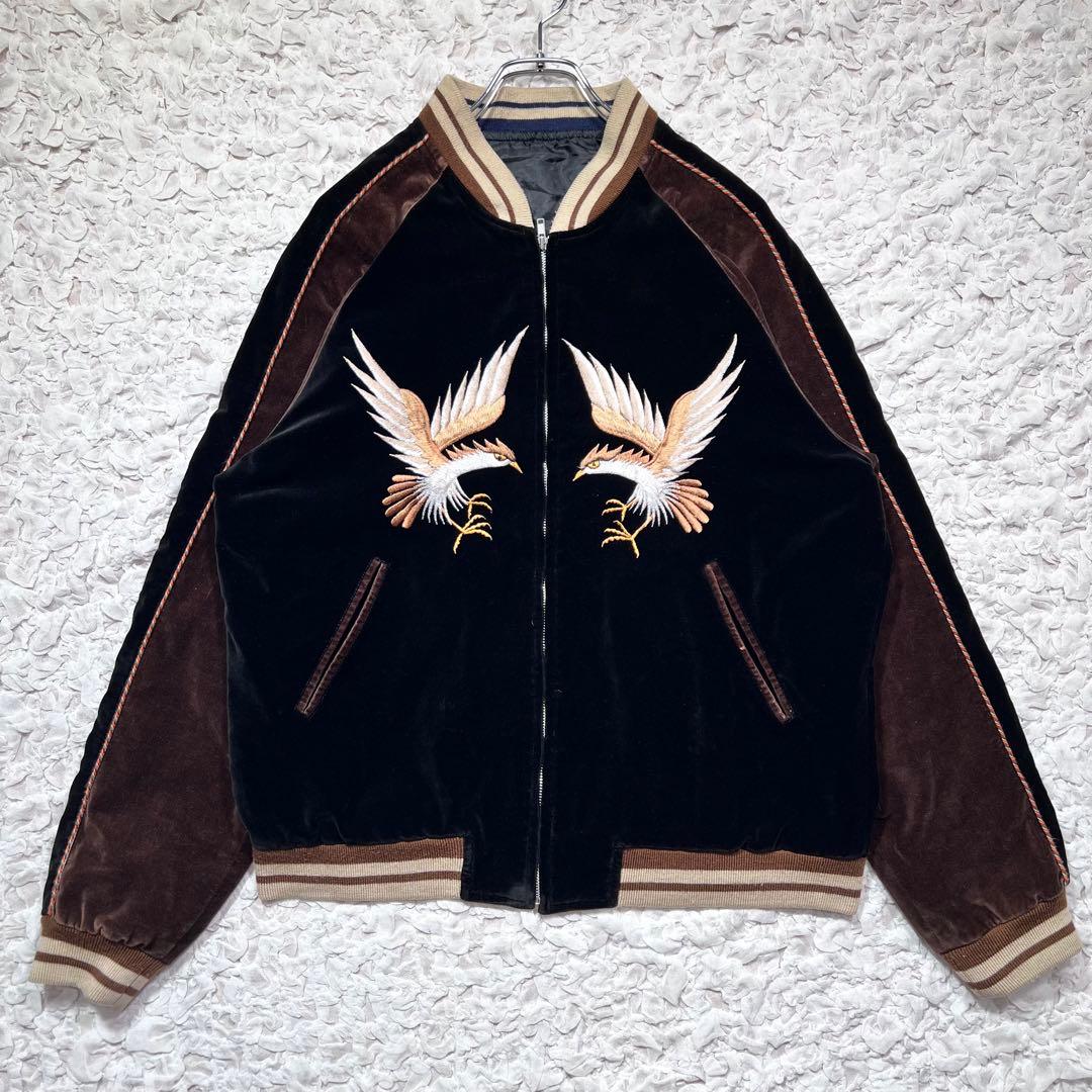 『入手困難』　ヤマコ　スカジャン　ベロア　鷹　和柄　日本地図　刺繍　黒×茶　3L