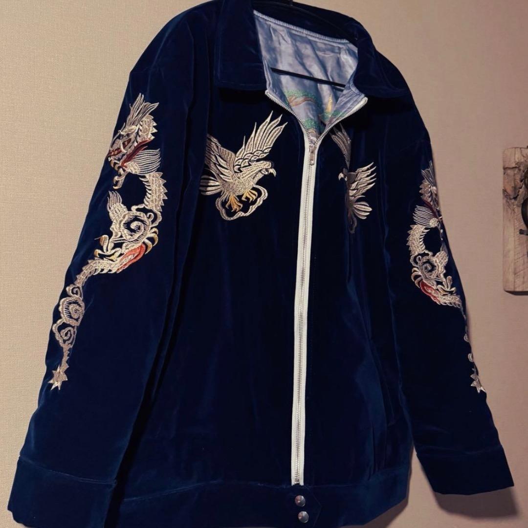 【スカブルゾン】刺繍ドラゴンと鷲の別珍ジャンパー　紺２XL