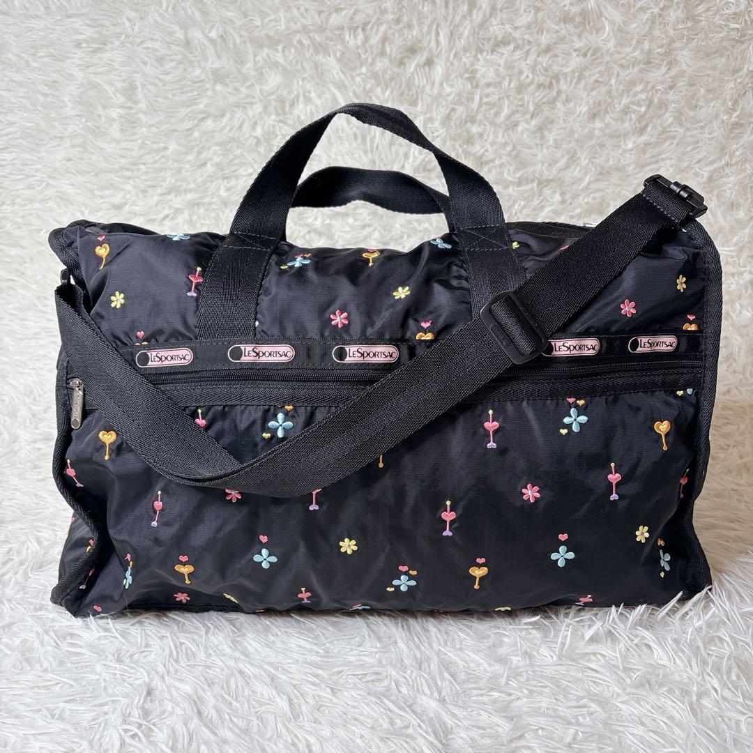 美品✨LeSportsac ボストンバッグ 花柄 刺繍 レスポ ポーチ ブラック