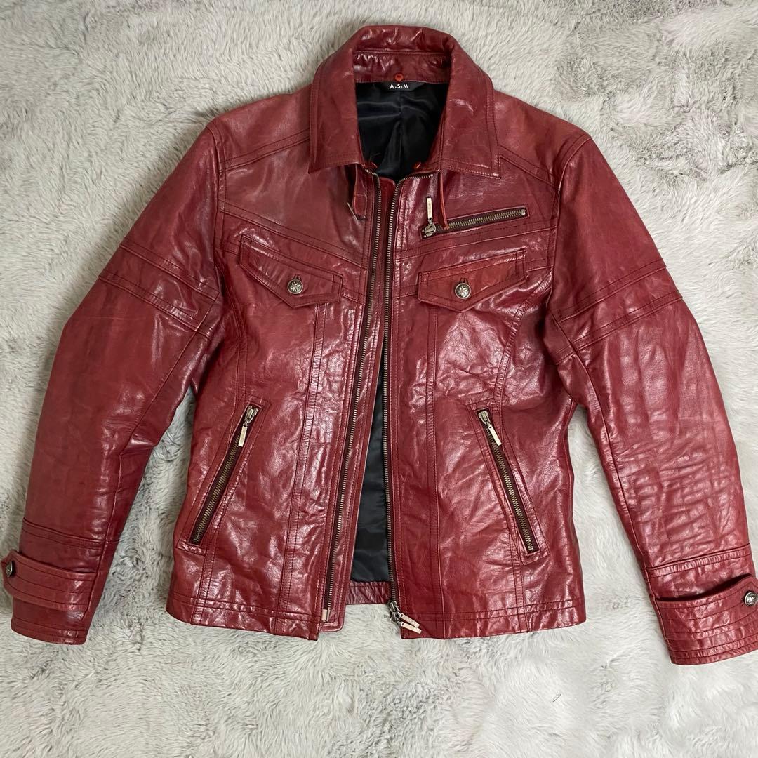A.S.M レザージャケット 48 水牛革 赤 シングルライダース　Y2K