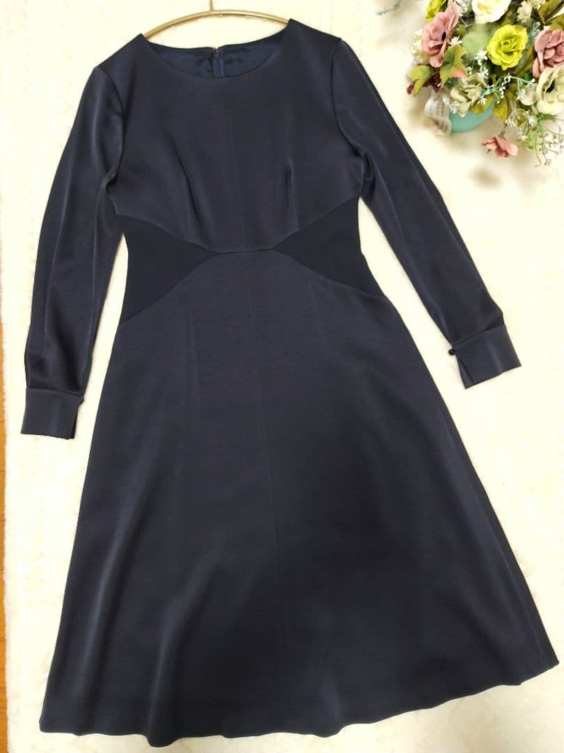 アナイ 38 トリアセテートサテンフレア　ワンピース　ネイビー　ANAYI　長袖