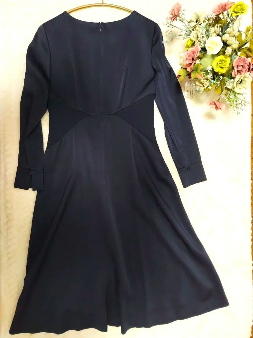アナイ 38 トリアセテートサテンフレア　ワンピース　ネイビー　ANAYI　長袖