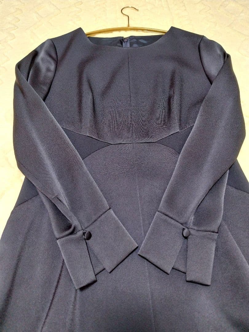 アナイ 38 トリアセテートサテンフレア　ワンピース　ネイビー　ANAYI　長袖