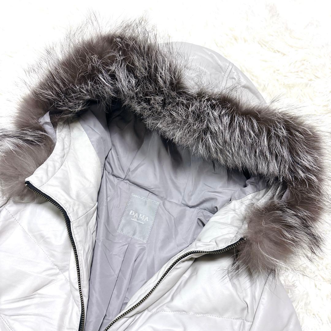 希少ダーマコレクションラムレザーロングダウンコートシルバーフォックスファーグレー