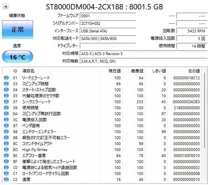 使用時間14H　 ST8000DM004 8TB 120306