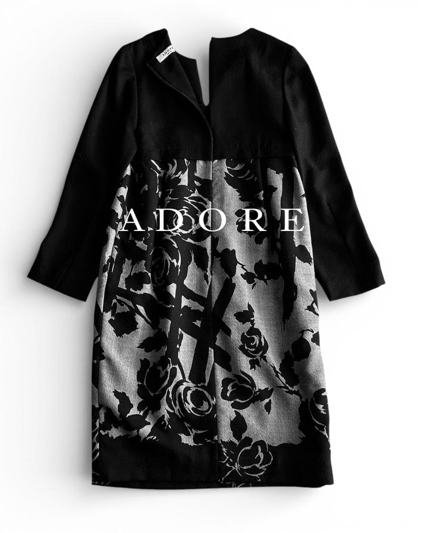 美品 アドーア 極上 落ち感ウール モノトーンボタニカルフラワー切替ワンピース