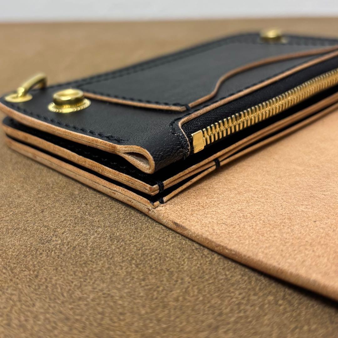 ホースハイド　トラッカーウォレット　ミドル　黒　茶心　3層　alps