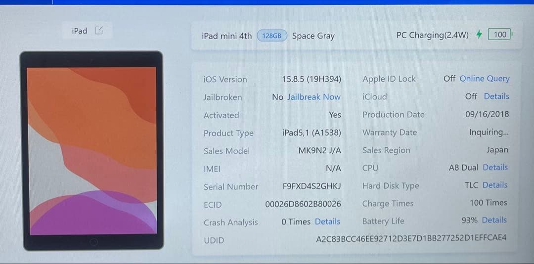 iPad Mini 第4世代 128GB Wi-Fi A1583 93%