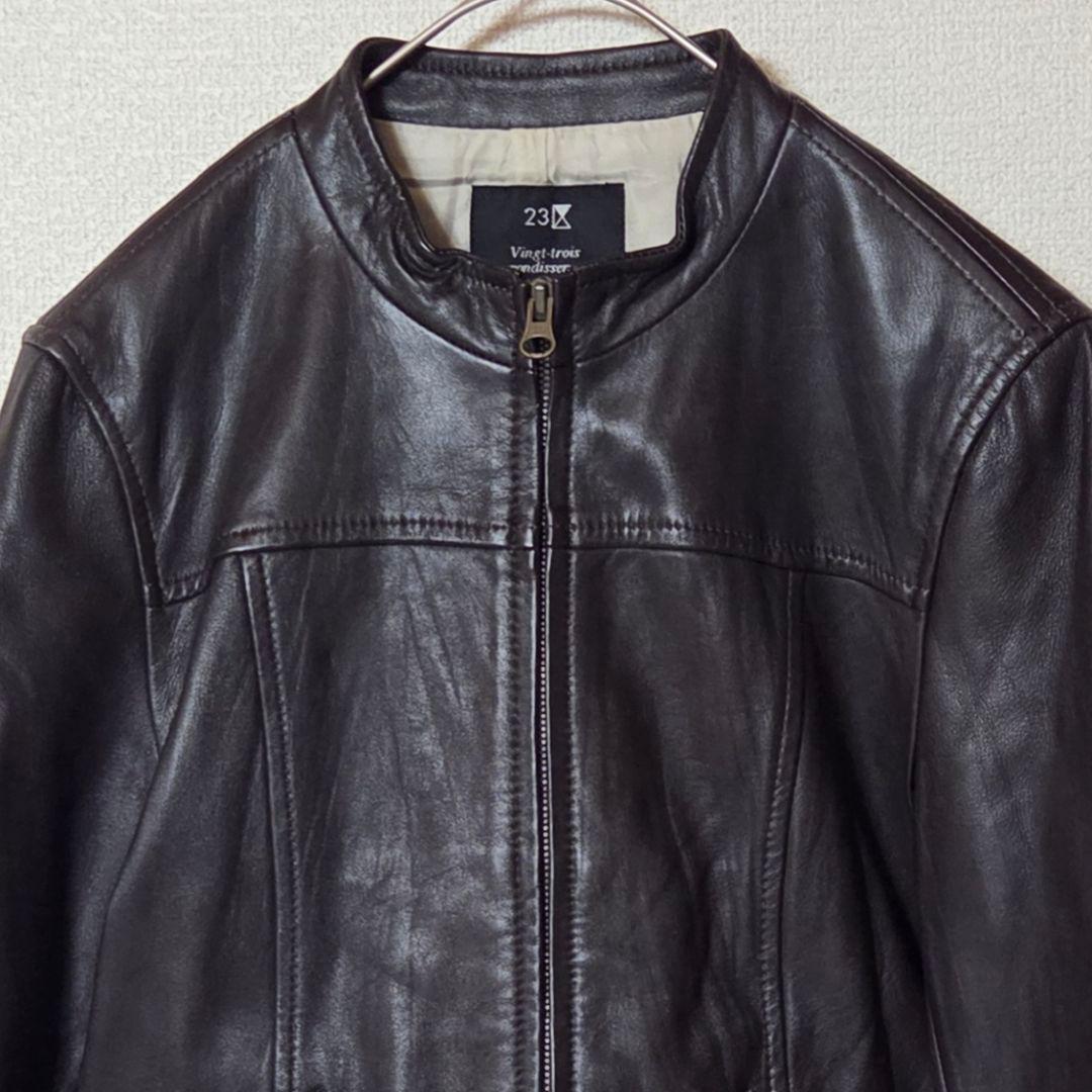 【美品】23区 シングルライダー ノーカラー レザージャケット ブラウン L