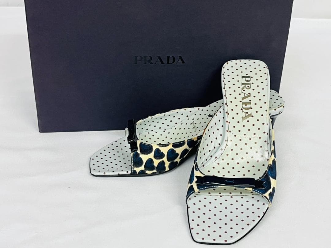◆未使用 PRADA プラダ ハート×ドット柄 リボン ミュール