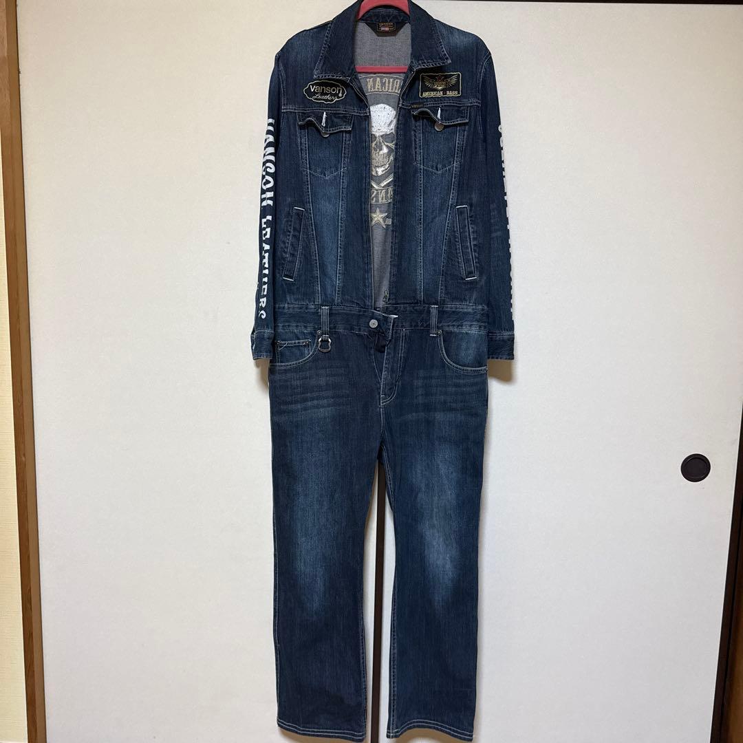 vanson デニムオーバーオール スカルプリント